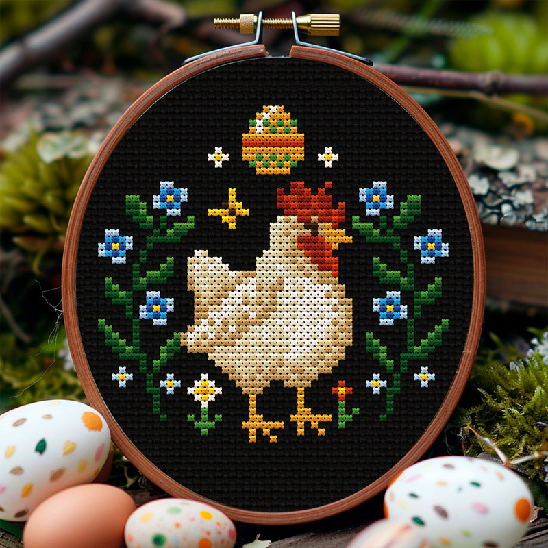 Spring Hen Cross Stitch Pattern  Farmhouse Easter Embroidery With Flowers  Eggs 5