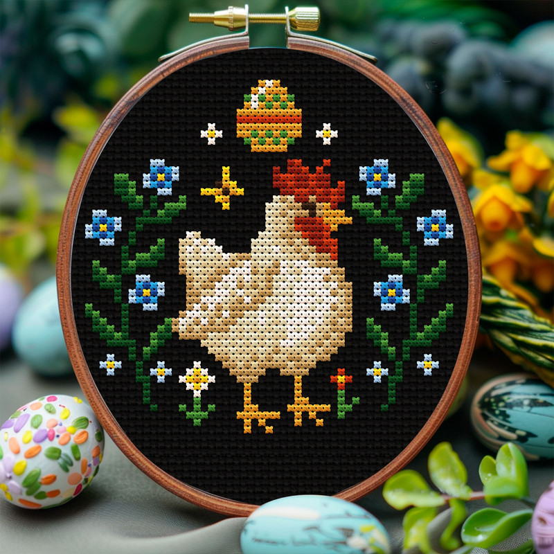 Spring Hen Cross Stitch Pattern  Farmhouse Easter Embroidery With Flowers  Eggs 0