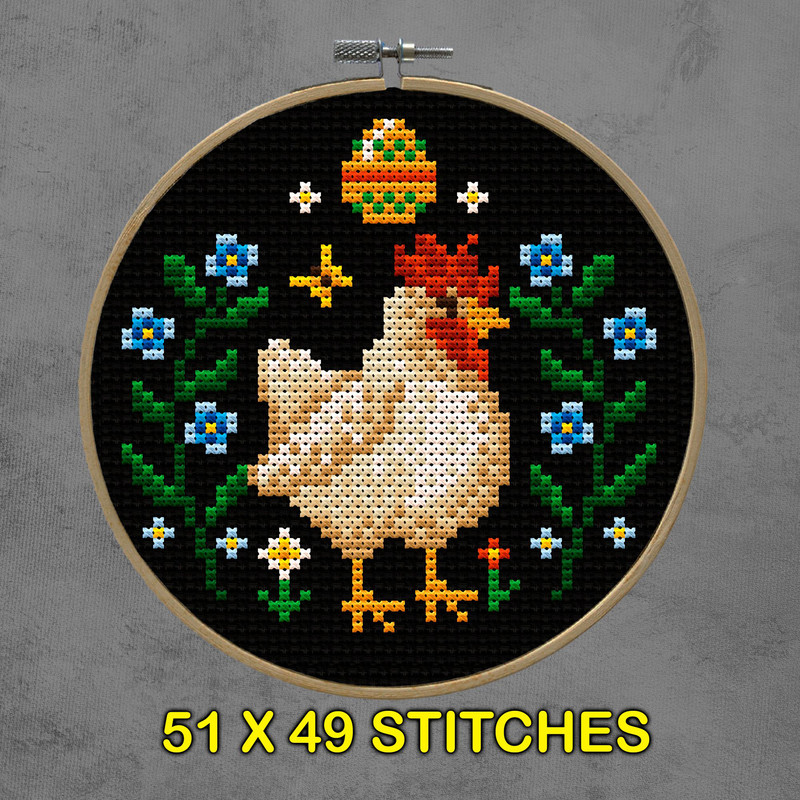 Spring Hen Cross Stitch Pattern  Farmhouse Easter Embroidery With Flowers  Eggs 2