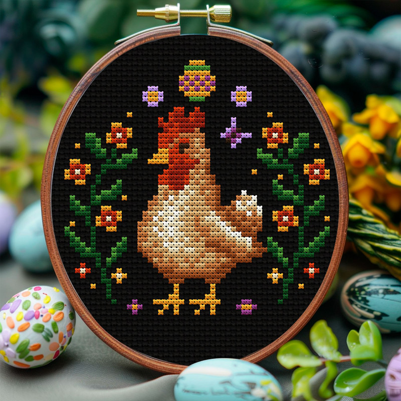 Rustic Chicken Cross Stitch Pattern  Vintage Farmhouse Embroidery For Spring  Easter Decor 0