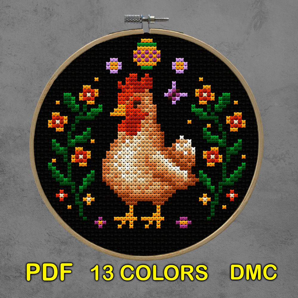 Rustic Chicken Cross Stitch Pattern  Vintage Farmhouse Embroidery For Spring  Easter Decor 1