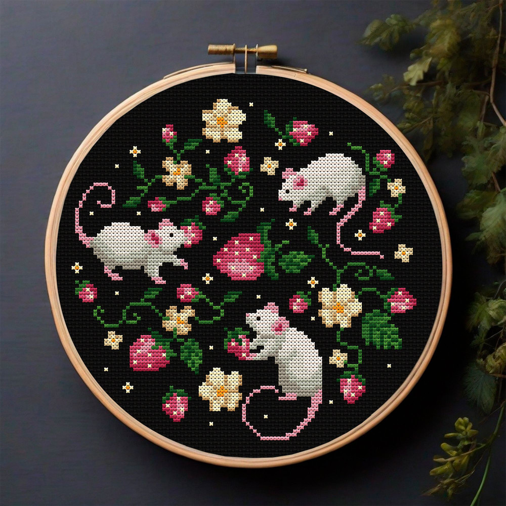 Strawberry Mice Cross Stitch Pattern Whimsical Cottagecore Embroidery With Floral Vintage Charm 0