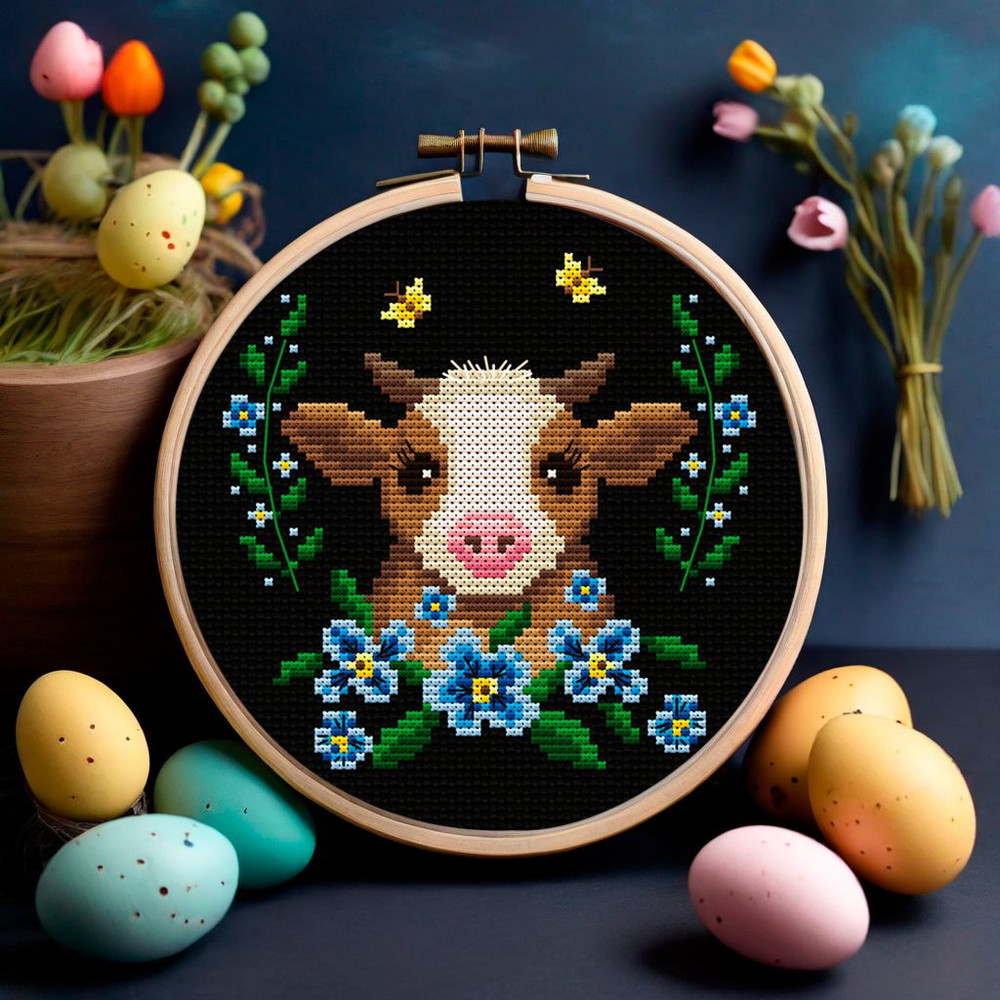 Spring Cow Cross Stitch Pattern Farmhouse Easter Embroidery With Flowers Rustic Charm 0