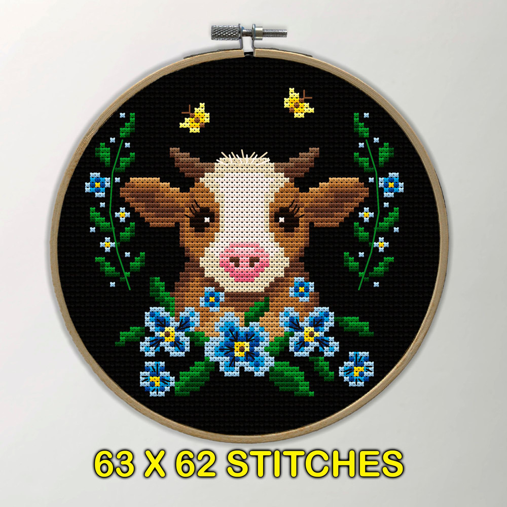 Spring Cow Cross Stitch Pattern Farmhouse Easter Embroidery With Flowers Rustic Charm 2