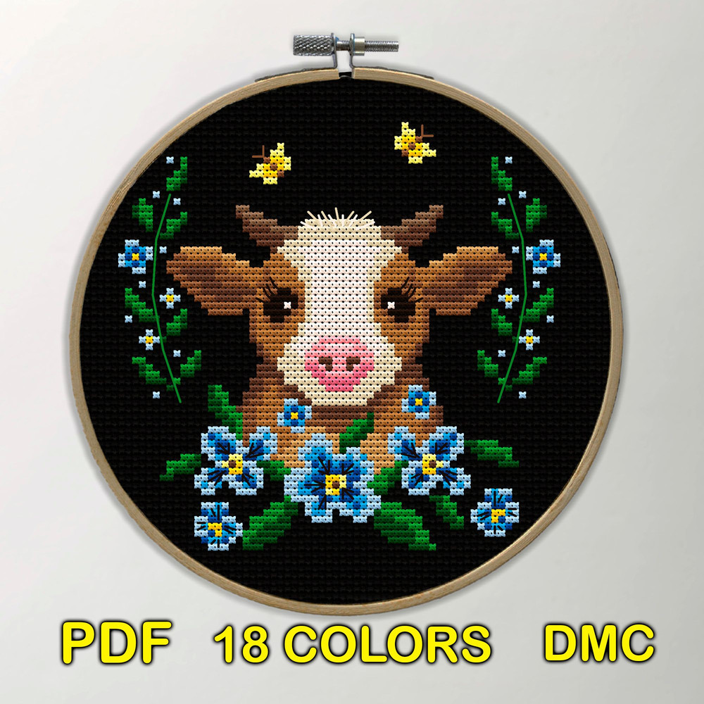 Spring Cow Cross Stitch Pattern Farmhouse Easter Embroidery With Flowers Rustic Charm 1