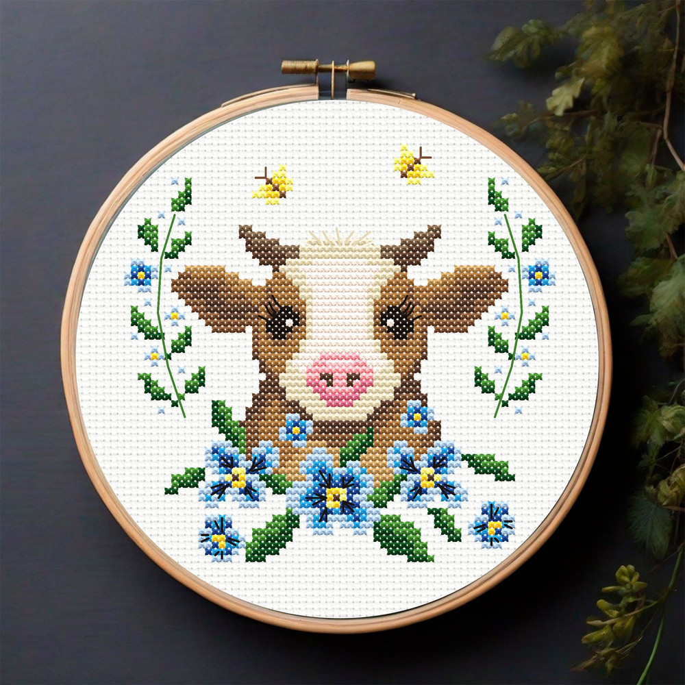 Spring Cow Cross Stitch Pattern Farmhouse Easter Embroidery With Flowers Rustic Charm 5