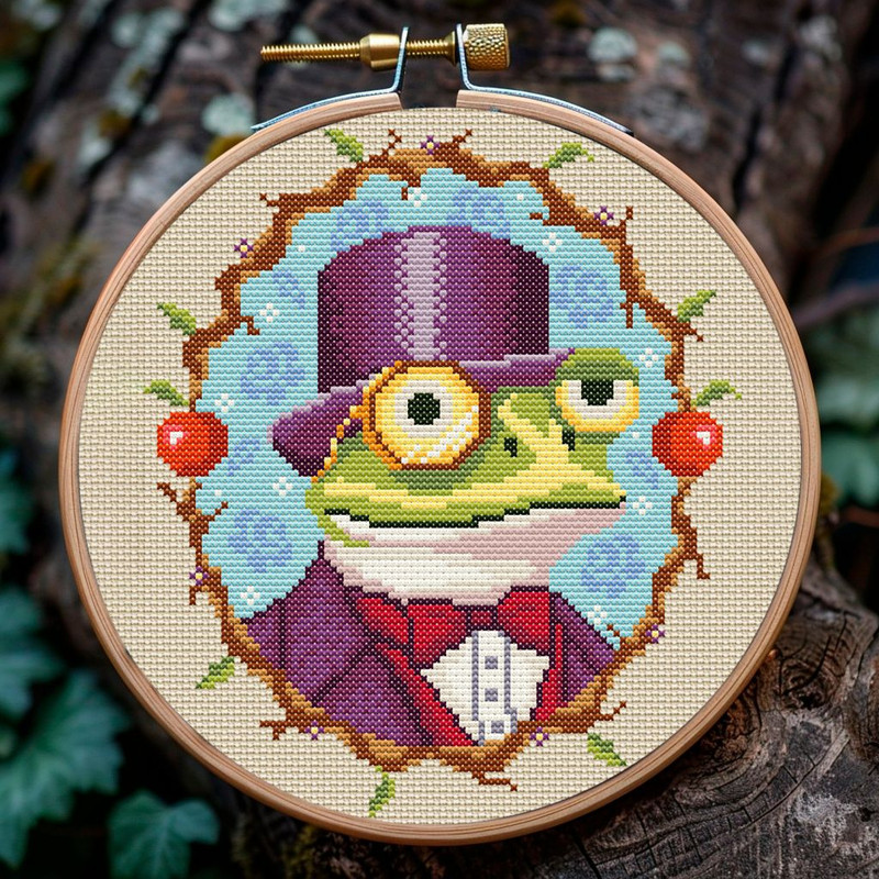 Victorian Frog Cross Stitch Pattern  Whimsical Steampunk Toad Embroidery Design 0