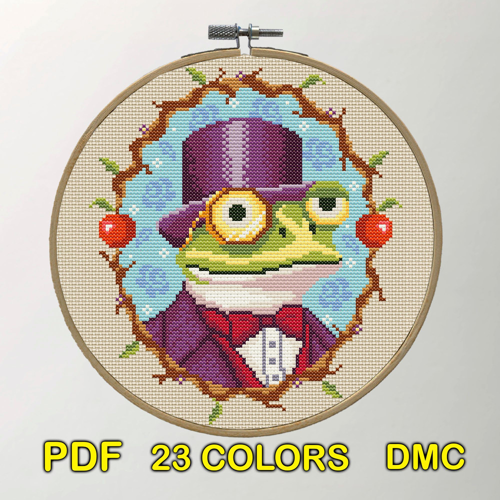 Victorian Frog Cross Stitch Pattern  Whimsical Steampunk Toad Embroidery Design 1