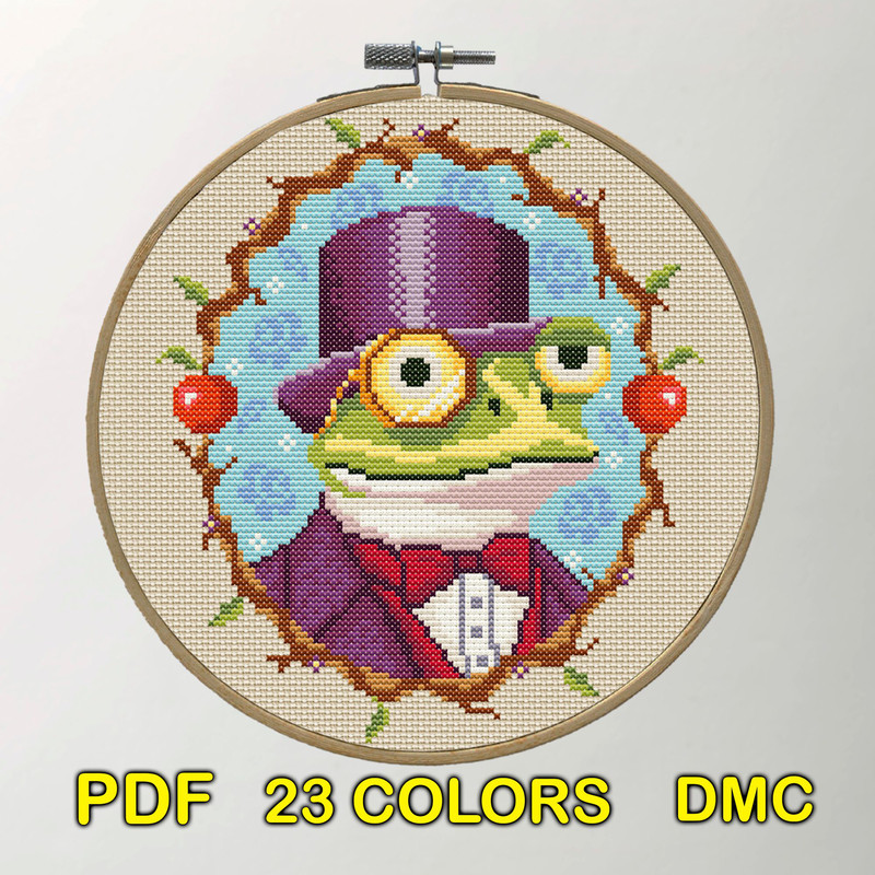 Victorian Frog Cross Stitch Pattern  Whimsical Steampunk Toad Embroidery Design 1