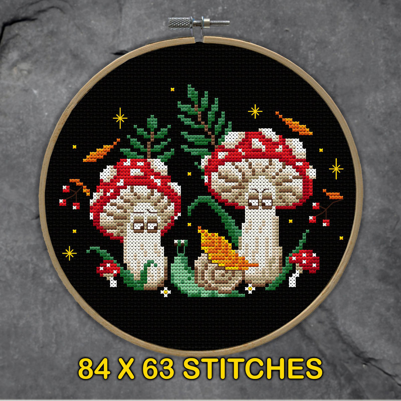 Grumpy Mushroom Cross Stitch Pattern  Whimsical Forestcore Embroidery With Snail  Fungi 2