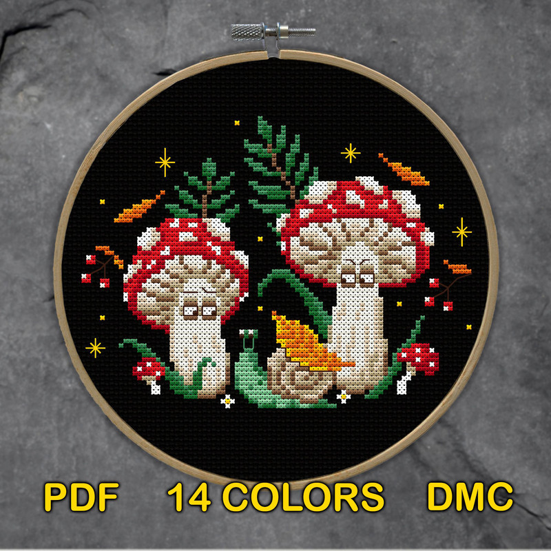 Grumpy Mushroom Cross Stitch Pattern  Whimsical Forestcore Embroidery With Snail  Fungi 1