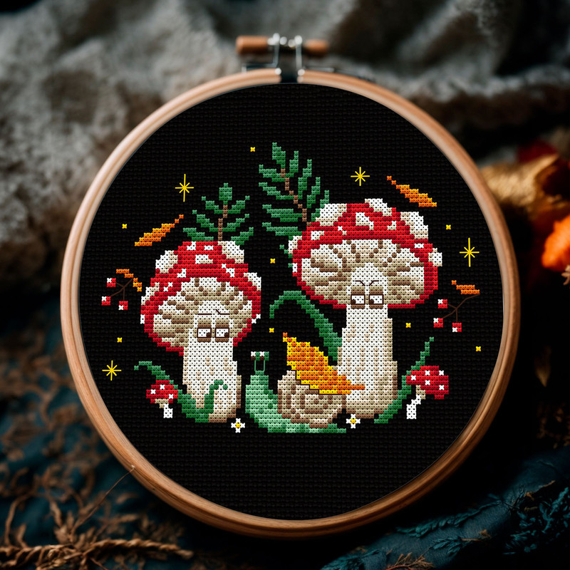 Grumpy Mushroom Cross Stitch Pattern  Whimsical Forestcore Embroidery With Snail  Fungi 0