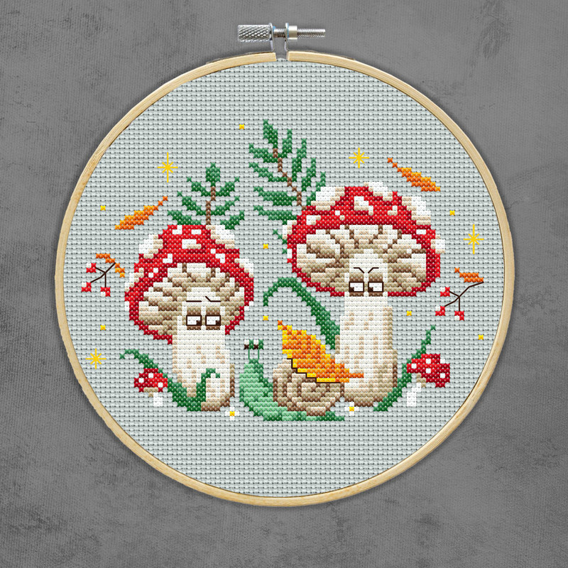 Grumpy Mushroom Cross Stitch Pattern  Whimsical Forestcore Embroidery With Snail  Fungi 5