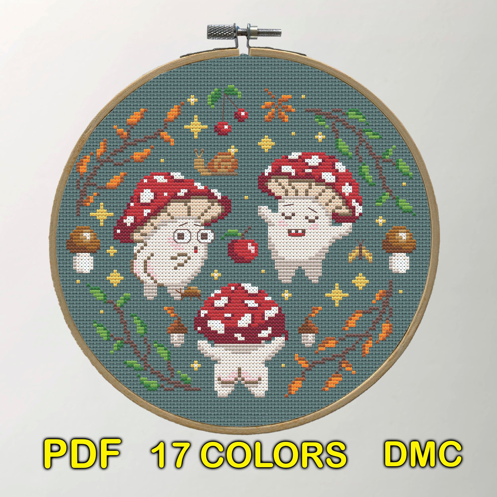 Toadstool Friends Cross Stitch Pattern  Whimsical Cottagecore Embroidery With Cute Mushrooms 1