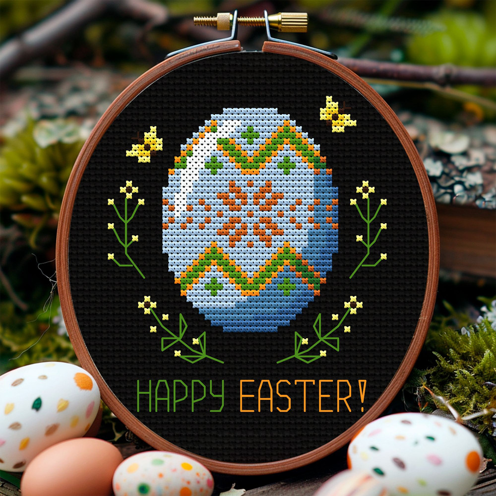 Happy Easter Cross Stitch Pattern  Traditional Folk Easter Egg Embroidery Design 0