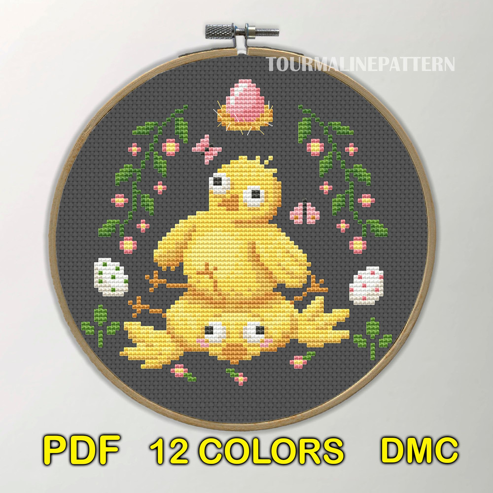 Funny Easter Chicks Cross Stitch Pattern  Whimsical Spring Embroidery Design 1