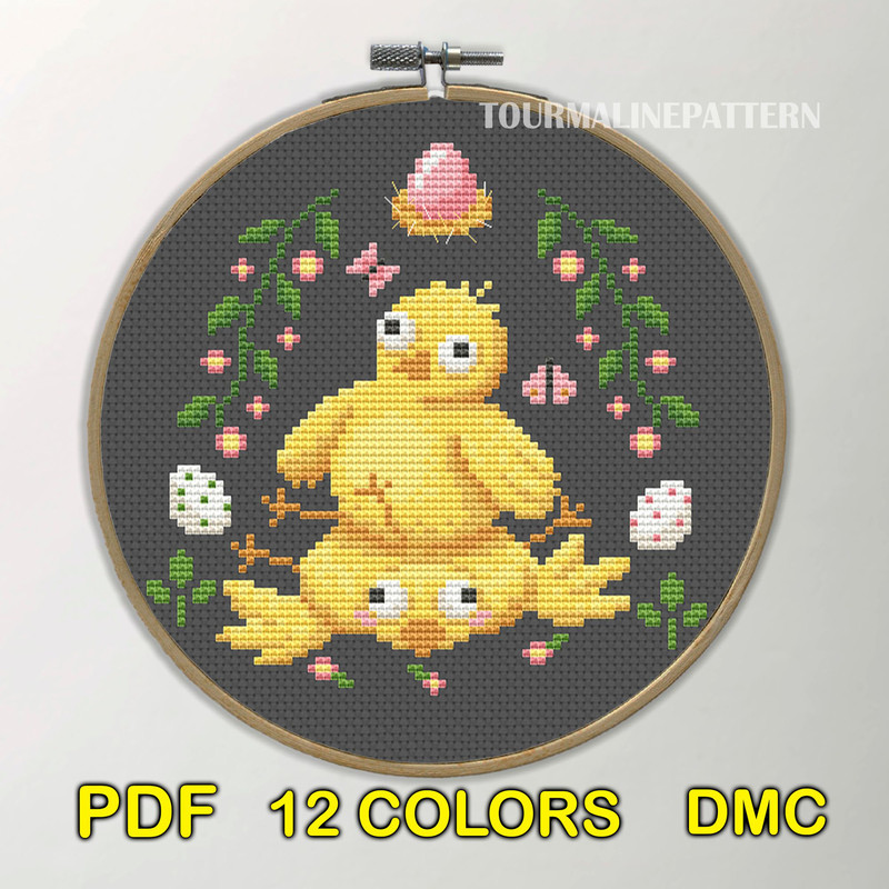 Funny Easter Chicks Cross Stitch Pattern  Whimsical Spring Embroidery Design 1