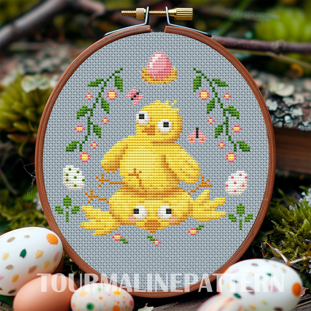 Funny Easter Chicks Cross Stitch Pattern  Whimsical Spring Embroidery Design 0