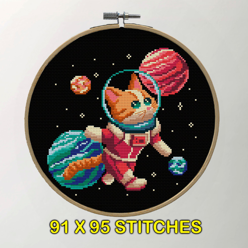 Space Cat Cross Stitch Pattern  Cute Astronaut Kitten Embroidery Design 2