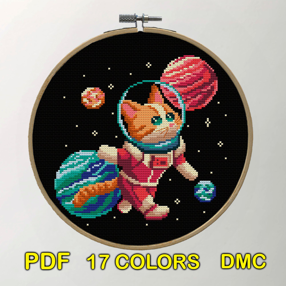 Space Cat Cross Stitch Pattern  Cute Astronaut Kitten Embroidery Design 1