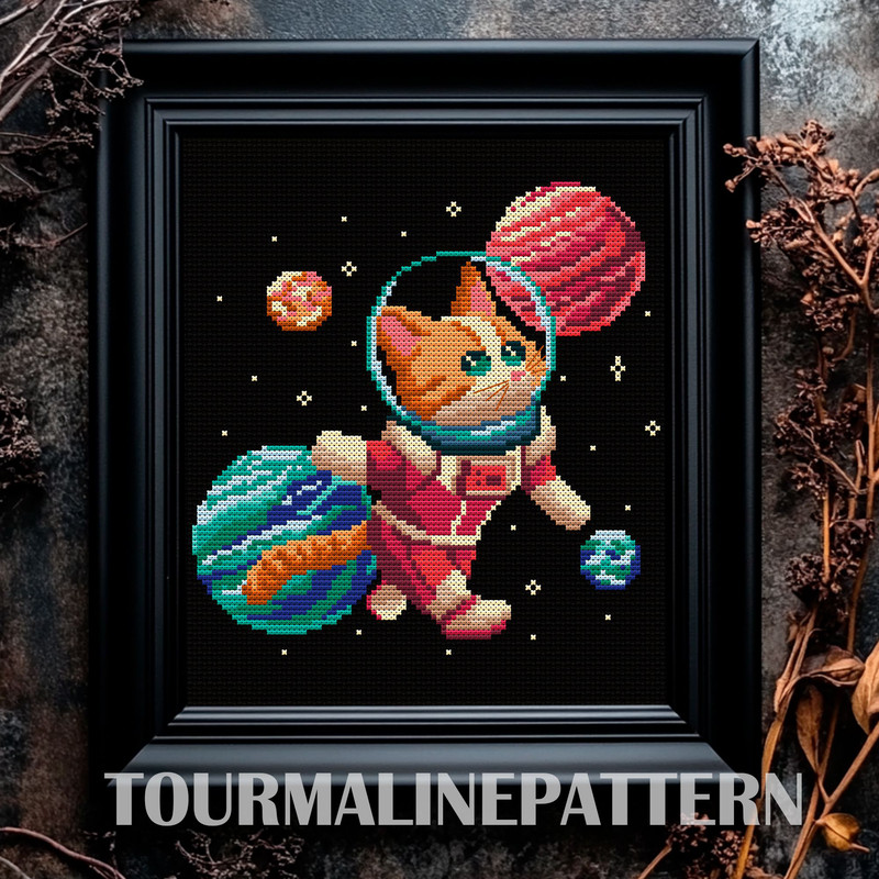 Space Cat Cross Stitch Pattern  Cute Astronaut Kitten Embroidery Design 0