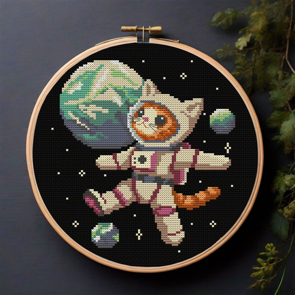 Floating Astronaut Cat Cross Stitch Pattern  Space Kitten Embroidery PDF 0