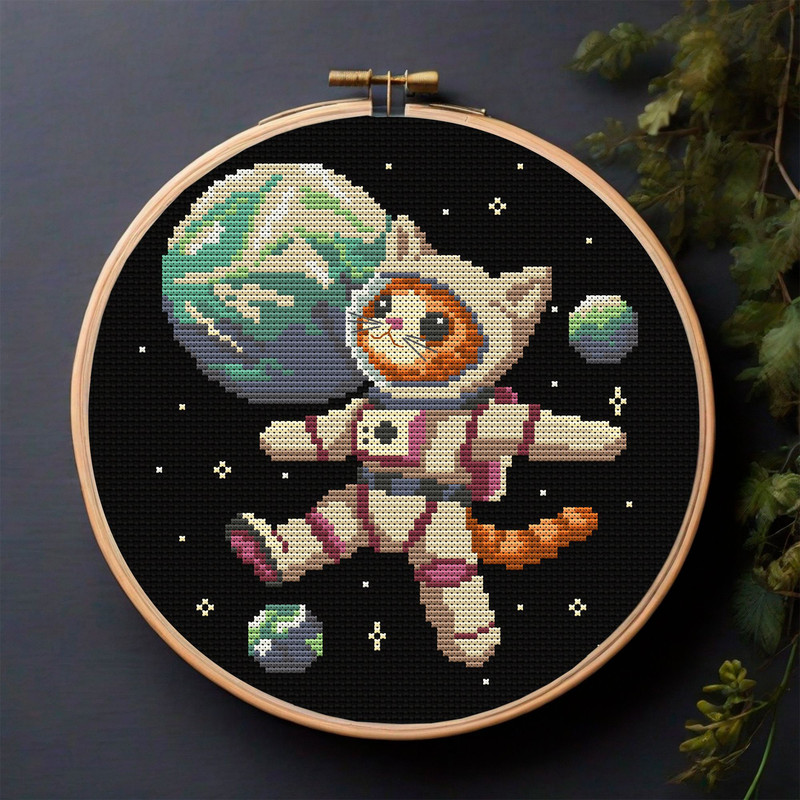 Floating Astronaut Cat Cross Stitch Pattern  Space Kitten Embroidery PDF 0