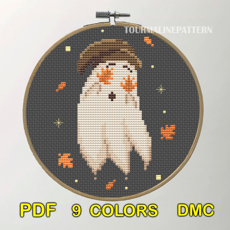 Autumn Ghost Cross Stitch Pattern  Cozy Fall Halloween Embroidery PDF 1