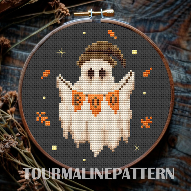 Boo Ghost Cross Stitch Pattern Cute Halloween Embroidery PDF For Spooky Fall Decor 0