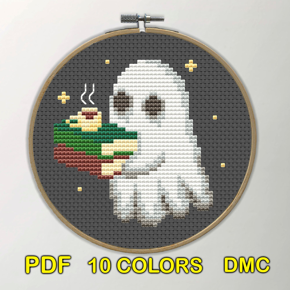 Cozy Ghost Cross Stitch Pattern  Autumn Books And Coffee Embroidery 1