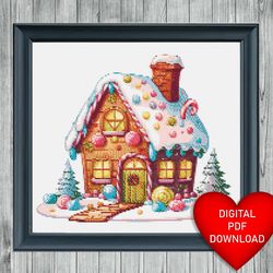 cross stitching pattern gingerbread house, instant pdf download, 14ct aida, embroidery, dmc floss threads, christmas