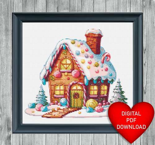 Cross Stitching Pattern Gingerbread House, Instant PDF Download, 14ct Aida, Embroidery, DMC Floss Threads, Christmas
