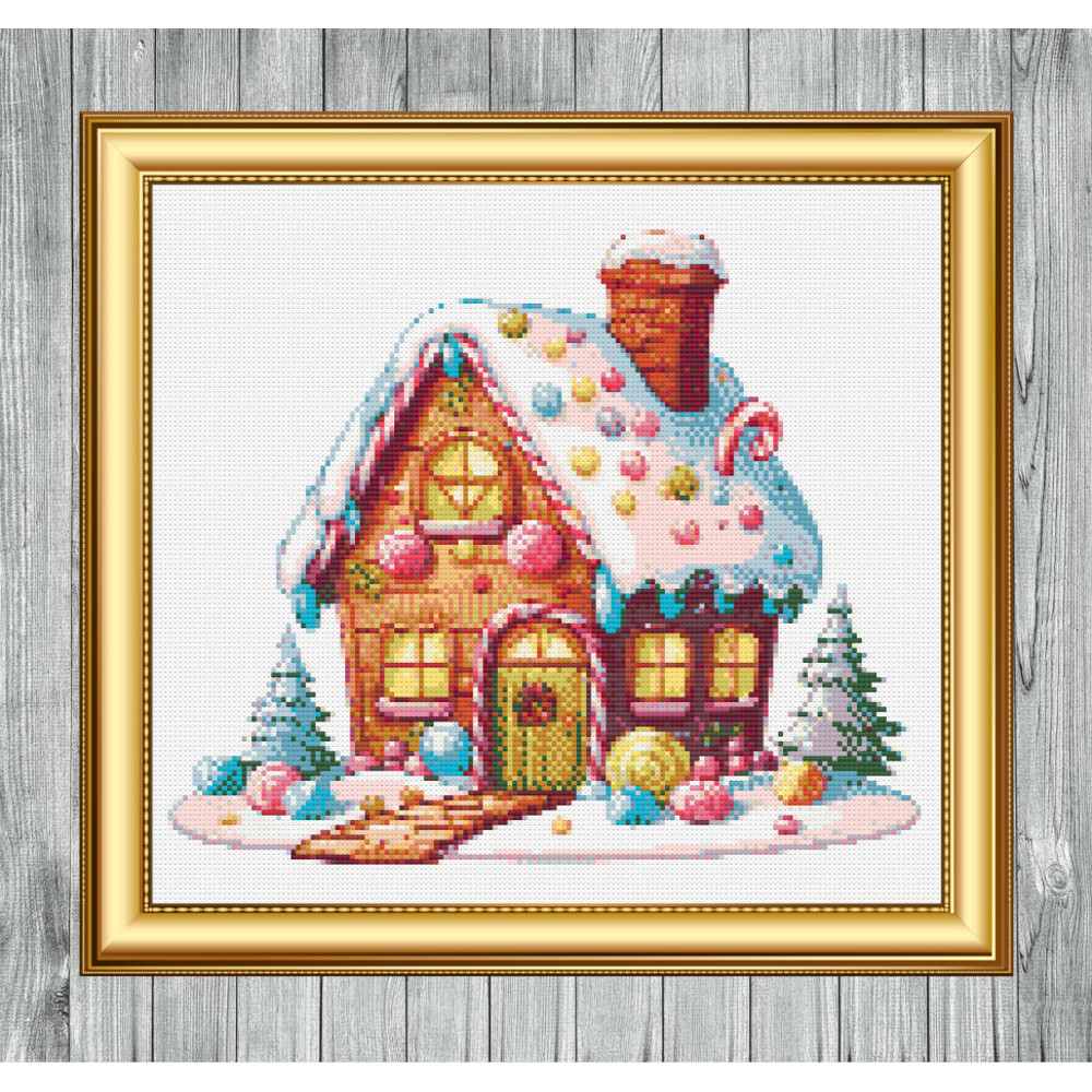 Gingerbread House Cross Stitch Gold Frame.jpg
