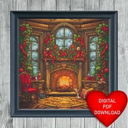 cross stitch pattern, christmas fireplace, instant pdf download, x stitching, 14ct aida, embroidery, dmc floss threads