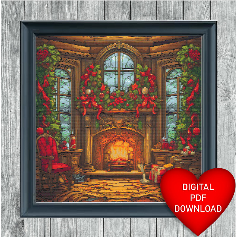 Christmas Fireplace Cross Stitch Blue Heart Frame.jpg
