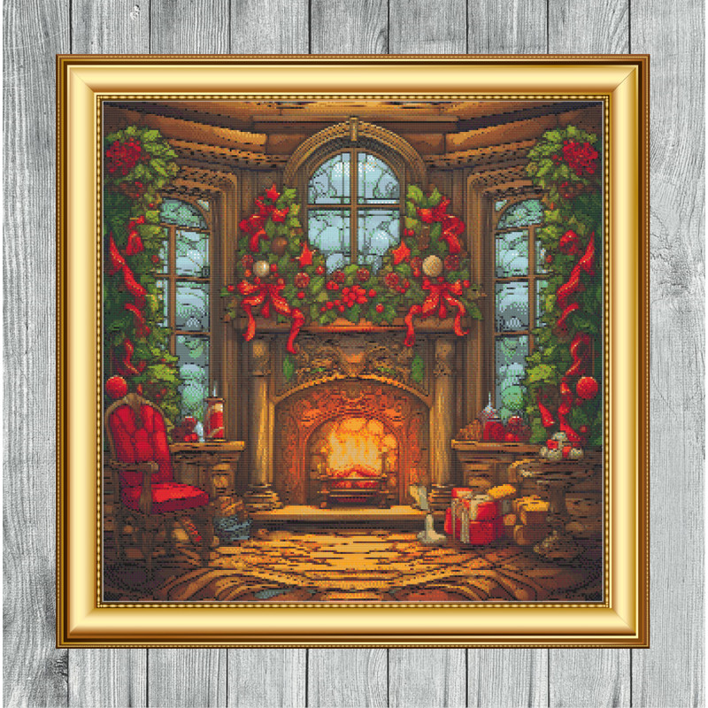 Christmas Fireplace Cross Stitch Gold Frame.jpg