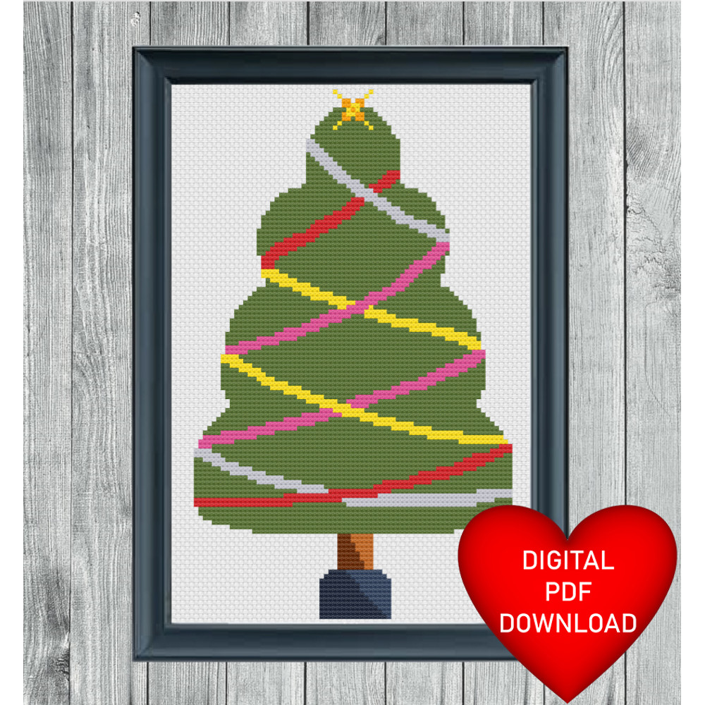 Christmas Tree with Tinsel Cross Stitch Blue Frame.jpg