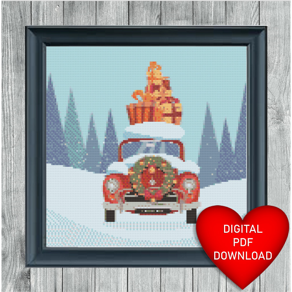 Christmas Car Cross Stitch Blue Heart Frame.jpg