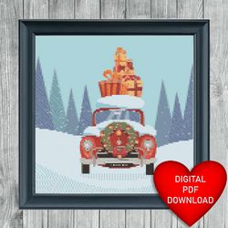 christmas car cross stitch pattern, instant pdf download, x stitching, 14ct aida, embroidery, dmc threads, xmas presents