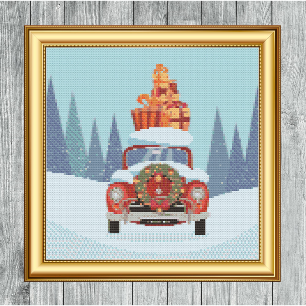 Christmas Car Cross Stitch Gold Frame.jpg