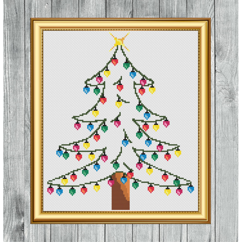 Christmas Tree Lights Cross Stitch Gold Frame.jpg