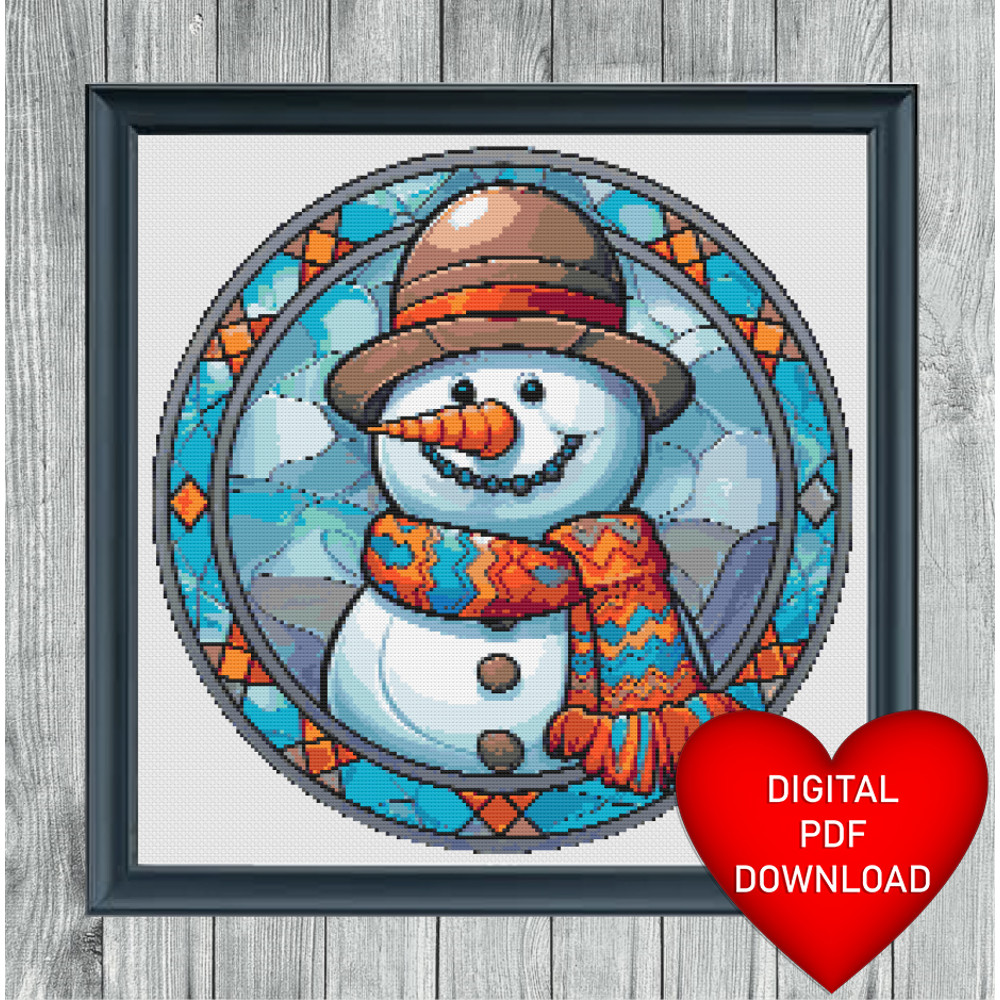 Stained Glass Snowman with Hat Cross Stitch Blue Heart Frame.jpg