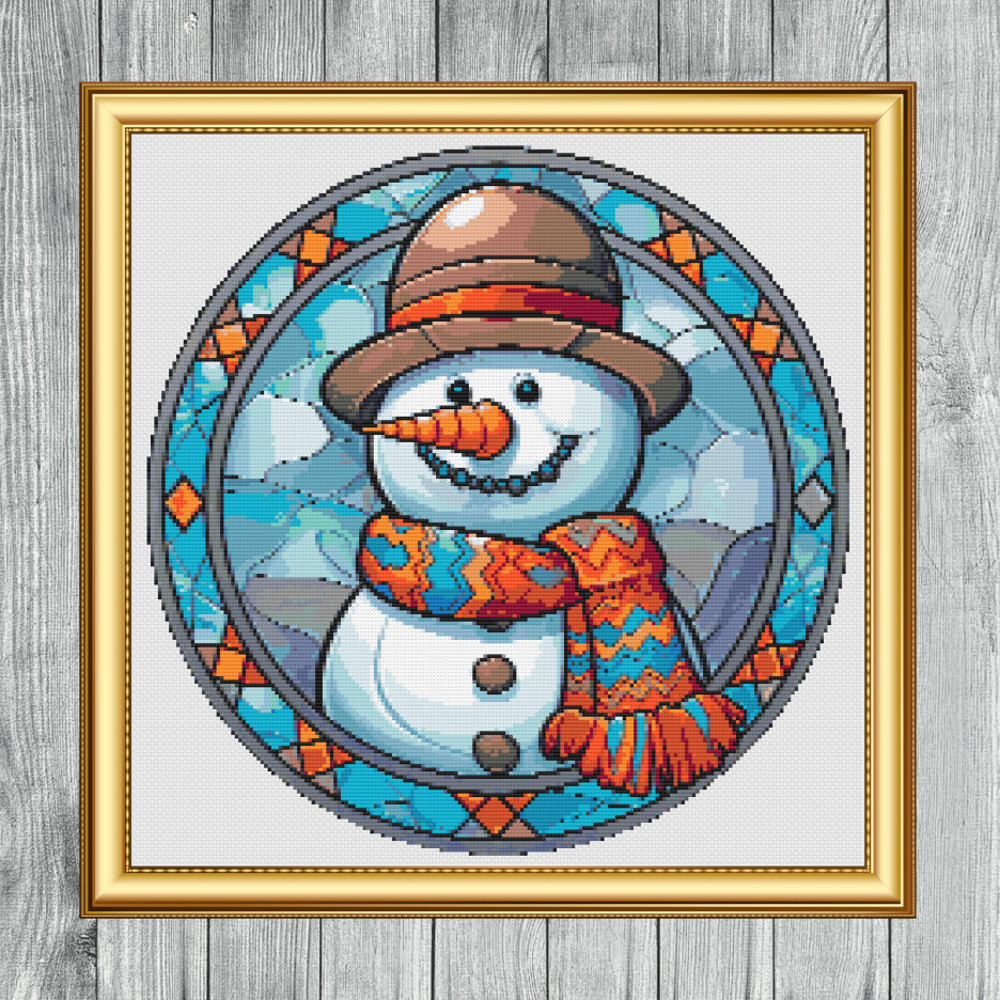 Stained Glass Snowman with Hat Cross Stitch Gold Frame.jpg