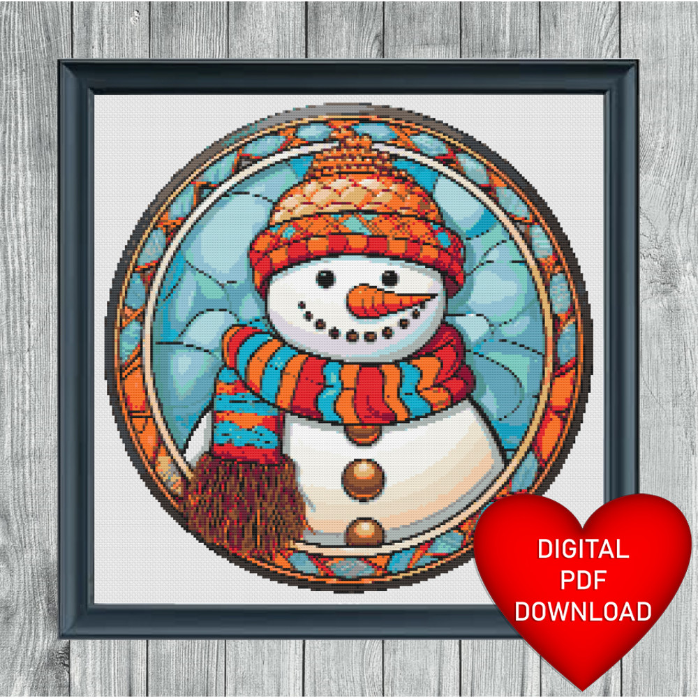 Stained Glass Style Carrot Nose Snowman Cross Stitch Blue Heart Frame.jpg