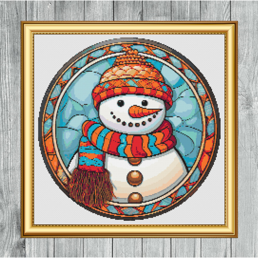 Stained Glass Style Carrot Nose Snowman Cross Stitch Gold Frame.jpg