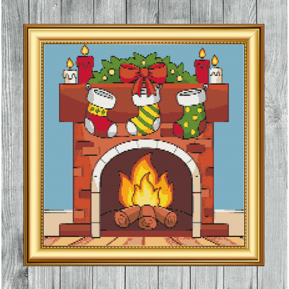 Christmas Fireplace Stockings Cross Stitch Gold Frame.jpg