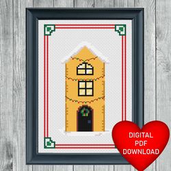 cross stitch pattern, winter house, instant pdf download, x stitching, 14ct aida, embroidery, dmc floss, christmas snow