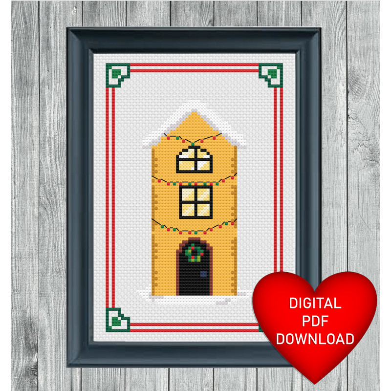 Winter House Cross Stitch Blue Heart Frame.jpg
