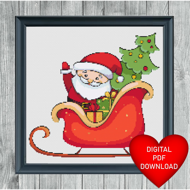 Christmas Sleigh Cross Stitch Blue Heart Frame.jpg