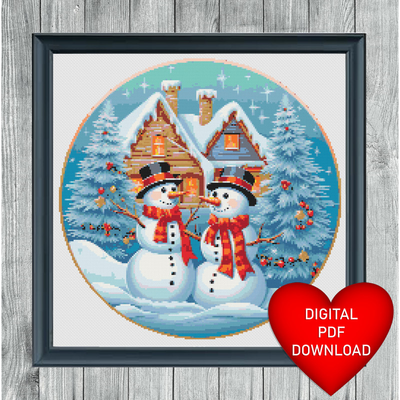 Winter Snowmen Cross Stitch Blue Heart Frame.jpg